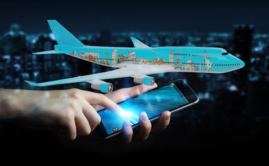 Businessman with plane and famous landmarks of the world 3D rendering