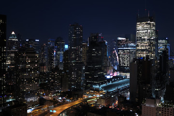 Fototapeta na wymiar Panorama of skyscrapers of New York City, Manhattan. View of night midtown of Manhattan