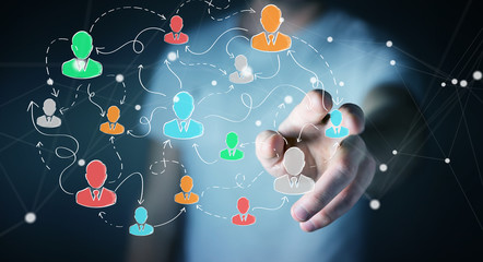 Businessman using hand drawn social network interface