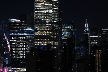 Panorama of skyscrapers of New York City, Manhattan.  View of night midtown of Manhattan
