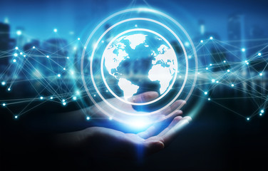 Businesswoman using planet earth network sphere 3D rendering