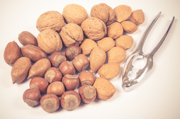 Different types of nuts in a shell on a white background.