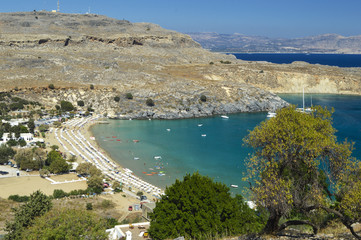 Beautiful beach in Lindos Bay on the island of Rhodes.