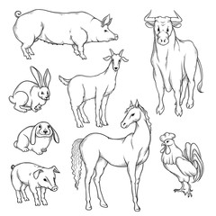 Vector black and white sketch set of isolated farm animals. Collection of silhouettes agricultural pets. Horse rooster pig rabbit goat and cow on the label for organic products or advertising flyers.