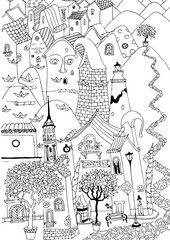 vector sketch of houses, orange trees and rolling hills, cute style