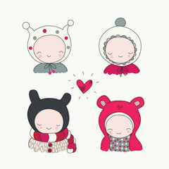 Children in winter cloth and heart isolated. Cute kids, portrait, funny beanies, vector illustration perfect for Christmas, Valentines day greeting cards.