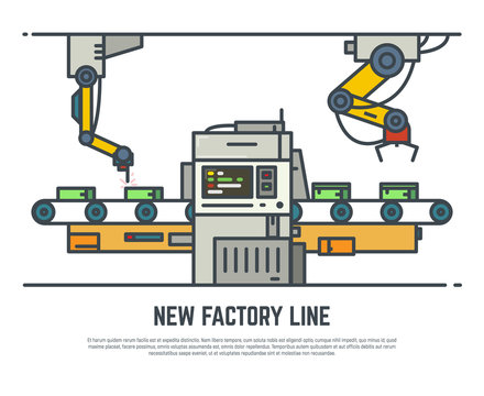 Factory line conveyor vector line illustration. Production assembly belt. Factory industry process. 