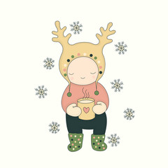 Vector illustration. Cute character in a hat with deer horns with a mug of tea, and snowflakes. Winter hand drawn art.