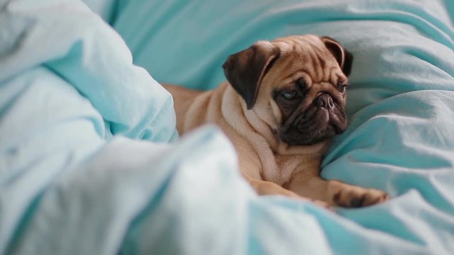 Puppy the pug on the blue blanket.