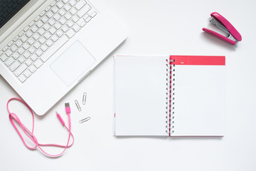 Flat lay of working space with laptop and calendar, Business and working concept on white background