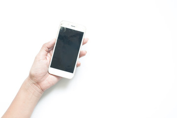 Woman's hand holding broken screen mobile device on white background