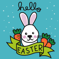 Hello Easter cute white rabbit and carrot cartoon vector illustration