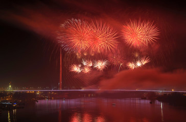 Fototapeta premium Fireworks above bridge