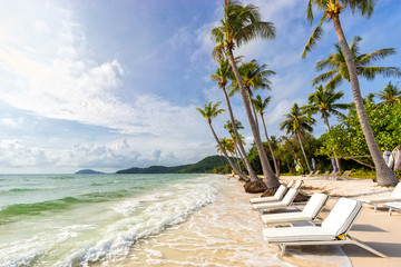 Peaceful paradise seascape of sunbeds under tropical palm trees on beautiful empty exotic luxury Bai Sao sandy beach in Vietnam on Phu Quoc island