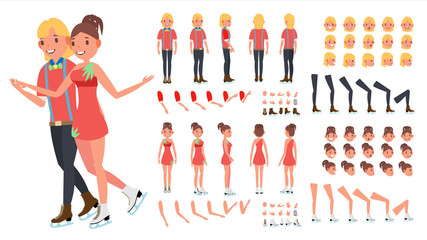 Naklejka premium Figure Skating Couple Vector. Woman And Male. Ice Skating. Animated Character Creation Set. Full Length, Front, Side, Back View, Face Emotions, Gestures. Isolated Flat Cartoon Illustration