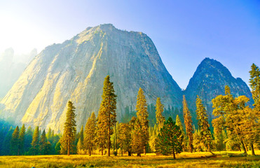 View of Yosemite Valley in Yosemite National Park at sunrise in autumn.