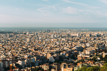 Summer view of Barcelona city from Santa Maria del mar. Catalonia, Spain