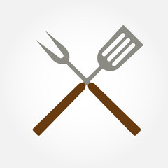 Grill tools icon. Crossed barbeque fork with spatula. BBQ symbol. Vector illustration.