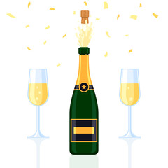Champagne bottle explosion with glasses and gold confetti. The concept of a holiday. Vector illustration isolated on white background for the design of a festive web banner, poster or greeting card