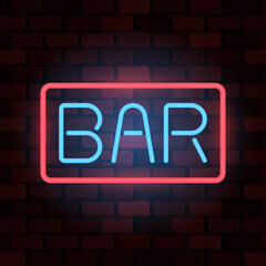 Luminous neon sign bar against a brick wall. Vector illustration for web banner, poster, invitation or greeting card