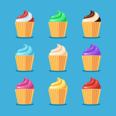Cupcakes symbols set. Vector illustration in cartoon style on blue background