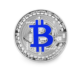 Silver bitcoin on white background