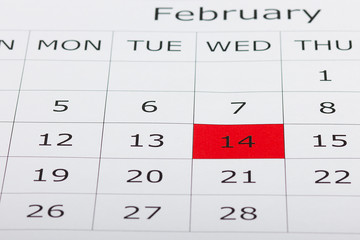 Calendar holiday February 14th Valentine's day is highlighted in red