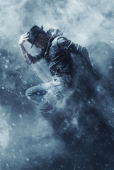 Man break dancing on smoke background