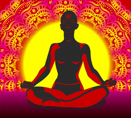 Fototapeta na wymiar silhouette yoga against mandala background