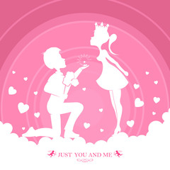 pink design with a silhouette of a guy with flowers and a girl with a crown