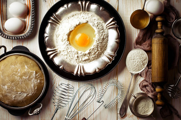 Dough with flour on an old background in a composition with kitchen accessories