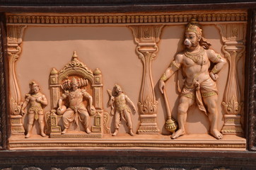 Rishikesh, India. Bas-relief in the Hindu temple of Hanuman