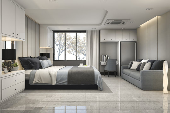 3d Rendering Modern Luxury Blue Bedroom With Marble Decor