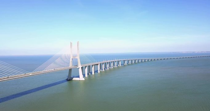 Aerial View Of Vasco da Gama Bridge And High Car Traffic In Lisbon City Of Portugal
