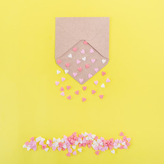 Multicolor sweets sugar candy hearts pour forth of craft paper envelope on bright yellow background...
