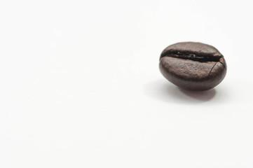 Single, cracked coffee bean close up macro shot isolated on white background.