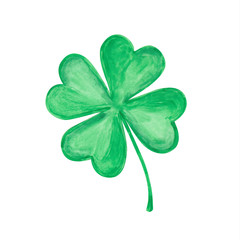 Vector four-leaf clover. Hand drawn watercolor illustration on white.