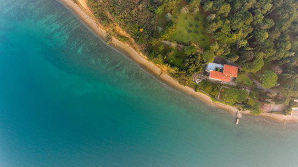 Bird's eye view of coastal resort.