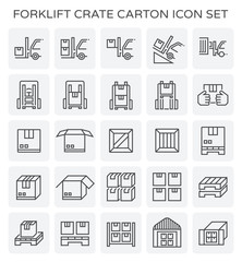 Forklift vector icon. May called fork or lift truck. Include stack of wood crate, cardboard box on pallet for industry i.e. storage, distribution warehouse. Also freight transport, logistic, shipping.