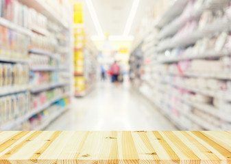 Supermarket or retail store blur background. That is a self-service shop offer grocery and variety of food, beverage and household product on shelf or rack. For shopping background or product display.
