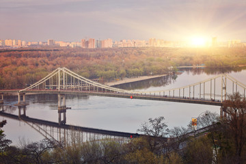 Fototapeta na wymiar Kiev City, landscape, view of the bridge from above. Beautiful views of the Dnipro River