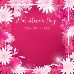 valentine floral invitation is decorate in red and pink color as flower blooming, border is pearl pink along with petals are dropped on beside , usage in advertising decorative or cerebrate invitation