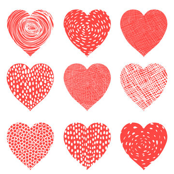 Cute vector hearts in red and white colors for Valentine's day for greeting cards and invitations