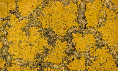 Abstract yellow plaster texture background. Cracked stucco texture. Painted wall. Bright