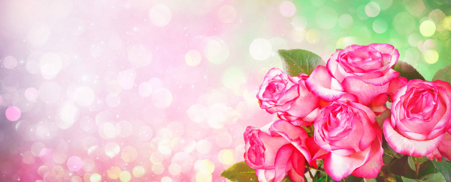 Romantic background with bouquet of pink roses for Valentines day