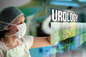 Urology concept. Doctor using a futuristic touch screen concept computer with medical icons on it. Healthcare operation surgery room on background.