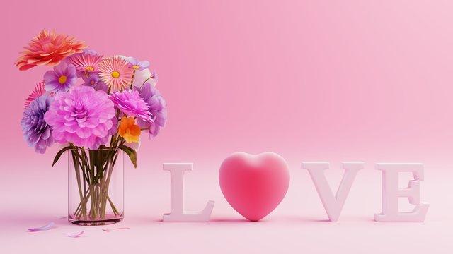 Pink background with red hearts and multicolor flowers,Valentine Day , 3D rendering
