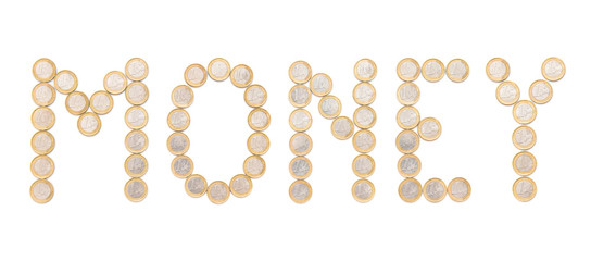 money word written with coins, the message is on white background