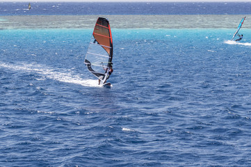 windsurfer on a board under a sail against the background of the sea, wind and waves.