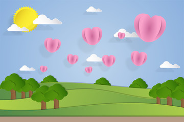 Landscape illustration with heart balloons in paper art style © 3rie